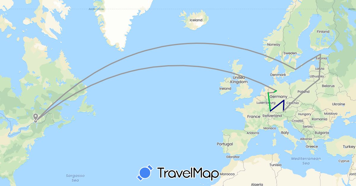 TravelMap itinerary: driving, bus, plane in Canada, Germany, Estonia, Lithuania, Sweden (Europe, North America)